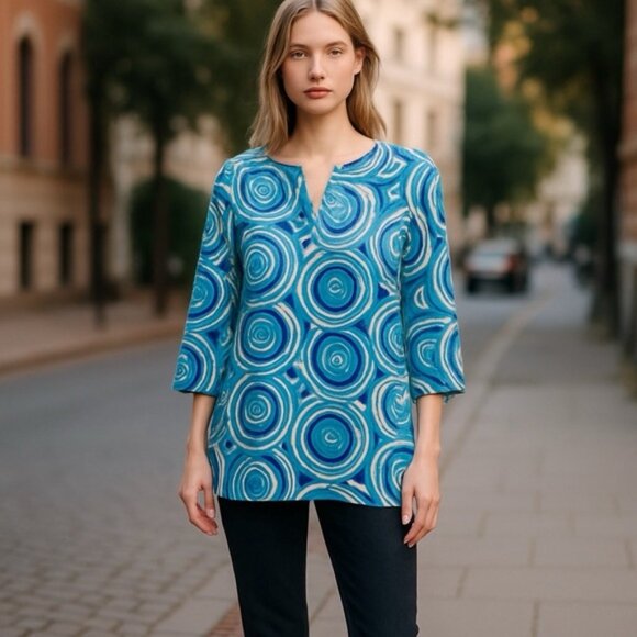 Blue and White Patterned Cotton Tunic Top Size S - Picture 1 of 9